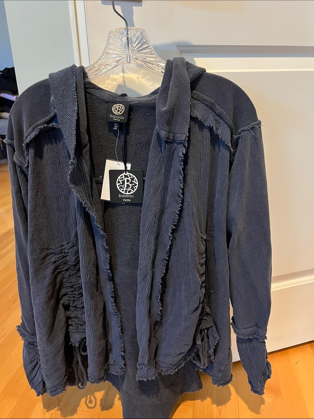 bobeau Charcoal Hooded Frayed-Edge Utility Jacket NWT Sz S